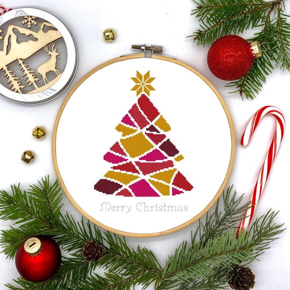Pink Retro Christmas Tree Merry Christmas Counted Cross Stitch Kit - Picture 2 of 5